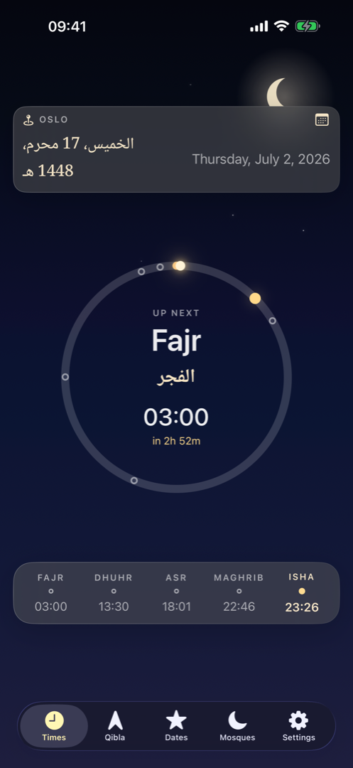 The Aziza prayer times screen showing today's times
