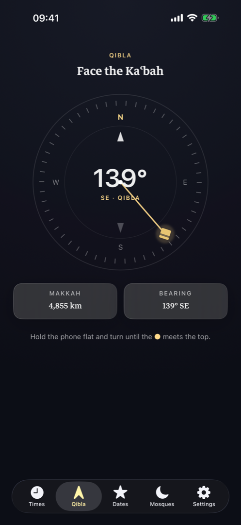 The Aziza Qibla compass pointing to the Kaaba