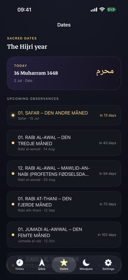The Islamic dates screen