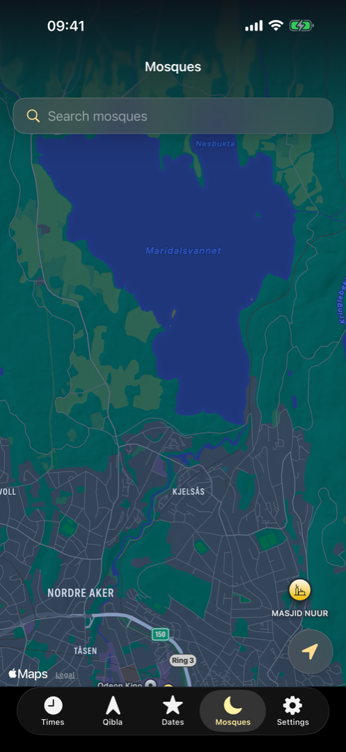 The mosque finder with a map of nearby mosques
