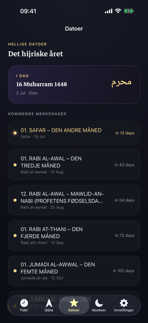 Skjermen med islamske datoer